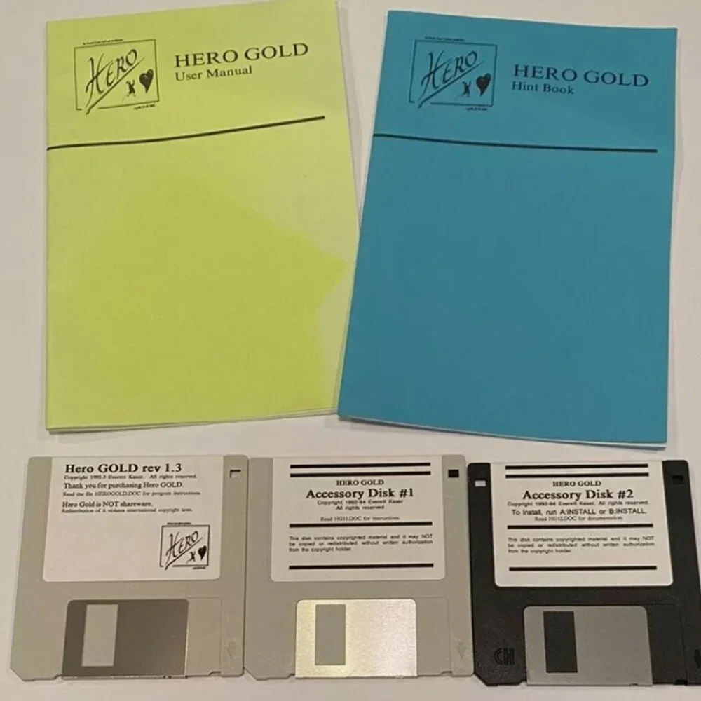 RARE Vtg Hero Gold Game PC 3.5 Lot Of 3 Floppy Disks Everett Kaser 1992 Manuals